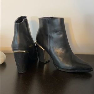 Aldo Black Leather Pointed Toe Ankle Boots with Gold Accent